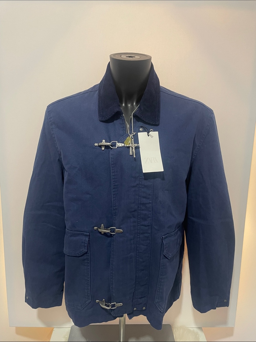 Zara Navy Cotton Military-Style Jacket with Corduroy Collar